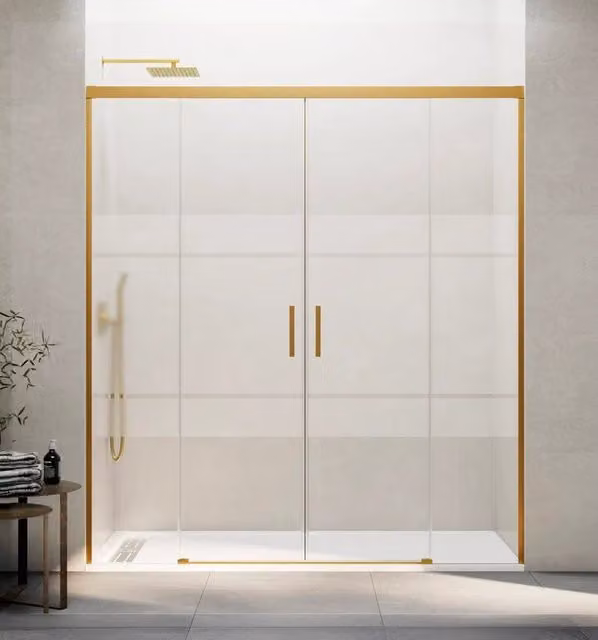 Box doccia rettangolare BASI BASIC 2 con 2 elementi fissi e 2 scorrevoli, colore oro e vetro Frost Plus, L: 150 cm