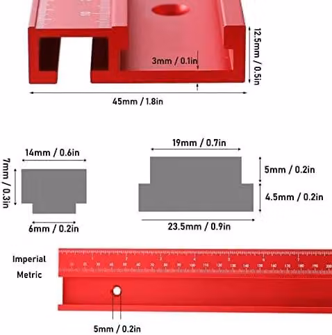 Guida angolare a T per tagli a smusso - Lavorazione del legno - Rosso - Guida - Lega di alluminio - Adatta per seghe da banco e frese - 400 mm