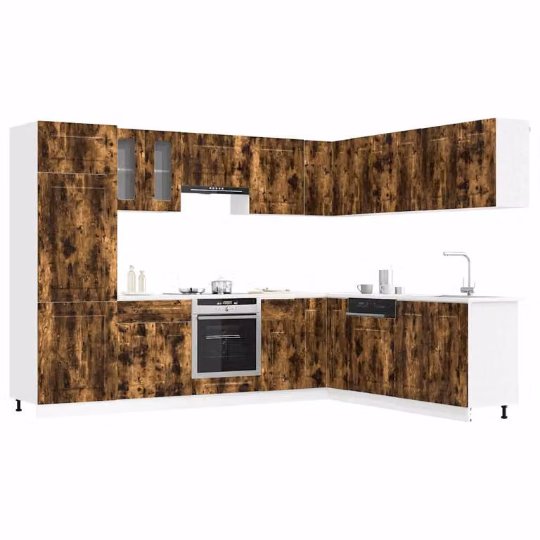 Set di mobili da cucina moderno vidaXL Kalmar composto da 14 pezzi in legno multistrato color rovere fumo e vetro