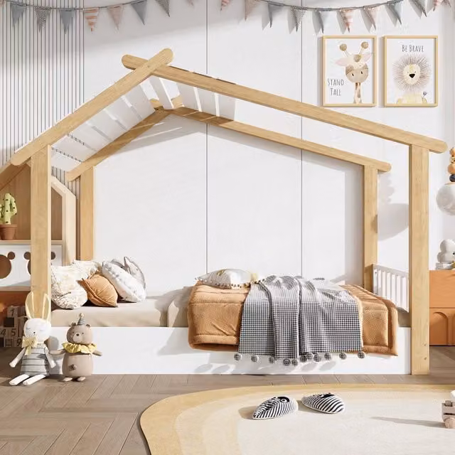 Letto singolo per bambini a forma di casetta; doghe incluse; legno di pino e MDF; bianco e naturale; 90x200 cm