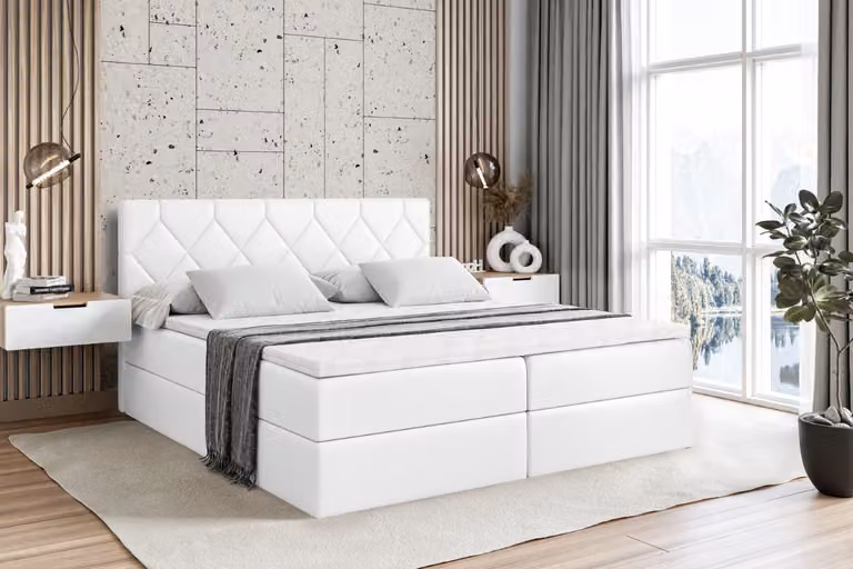 Letto boxspring ALTDECOR con materasso H3 e topper - 140 x 200 cm - CATOR - Pelle finta bianca - Letto imbottito con contenitore e rete a doghe, letto con spazio contenitivo