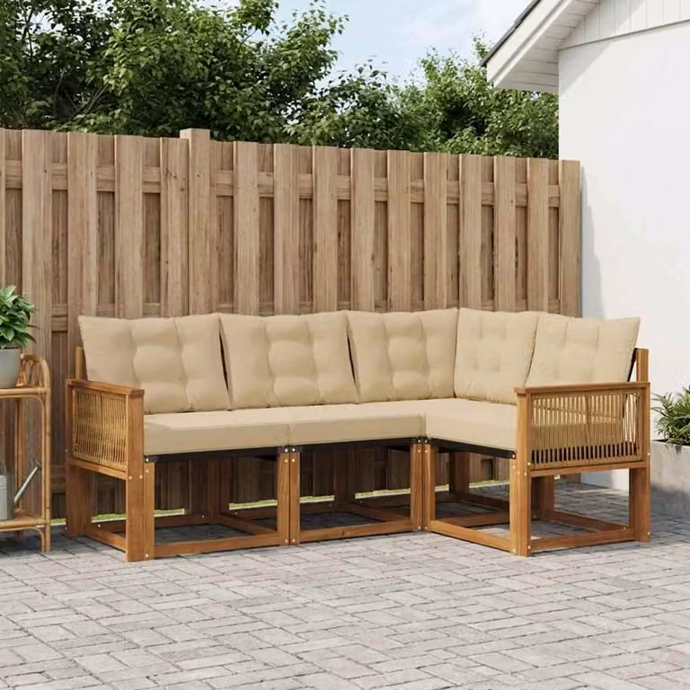 Set di divani da esterno vidaXL a forma di L composto da 4 pezzi in legno di acacia con cuscini beige e sabbia