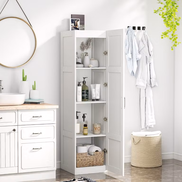 Costway Mobile da terra indipendente con 4 ripiani e ante a battente, Credenza moderna per cucina, sala da pranzo, soggiorno o bagno, Bianco L: 76,5 cm, P: 40 cm, H: 150 cm