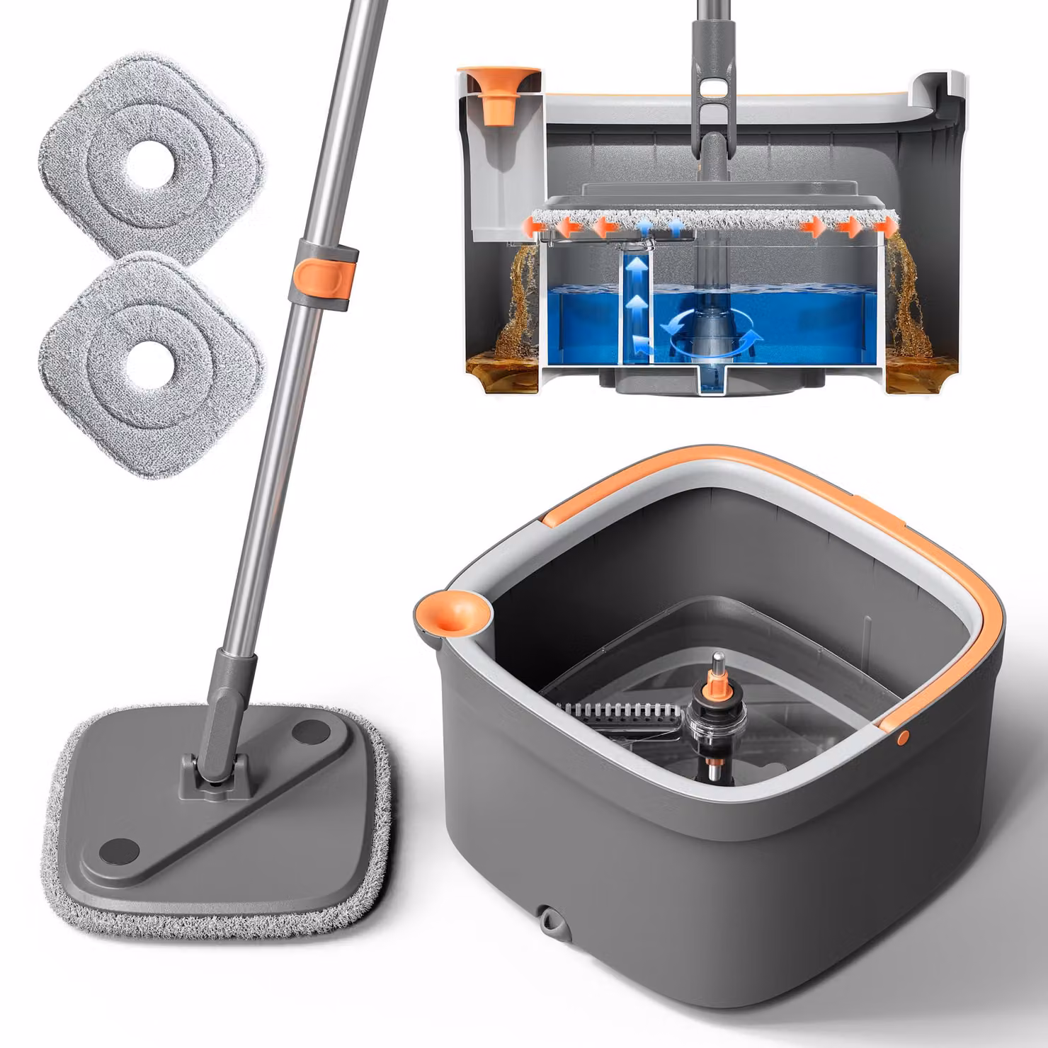 Set per la pulizia dei pavimenti composto da mop e secchio, con sistema di strizzatura integrato e testina del mop a forma quadrata
