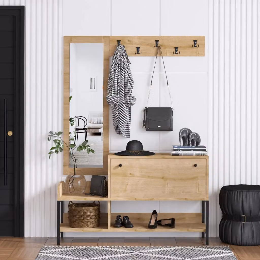 Scarpiera Hanah Home in legno con specchio e ripiani interni, Beige, L: 120 cm, P: 35 cm, H: 70 cm – 2