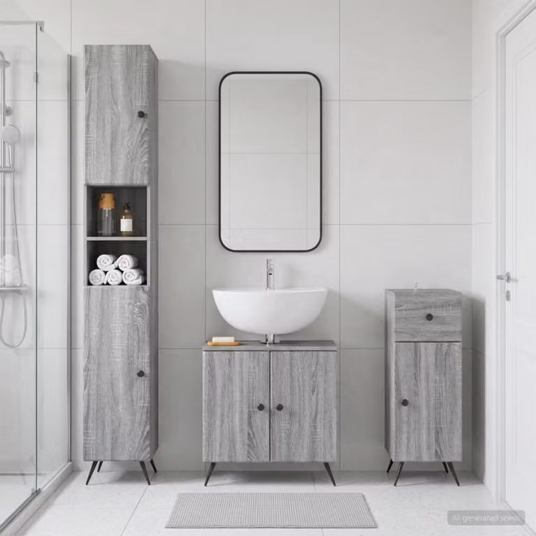 Set di armadietti da bagno 3 pezzi vidaXL BREDA Sonoma grigio con mobile alto, mobile lavabo e mobile laterale in legno opaco