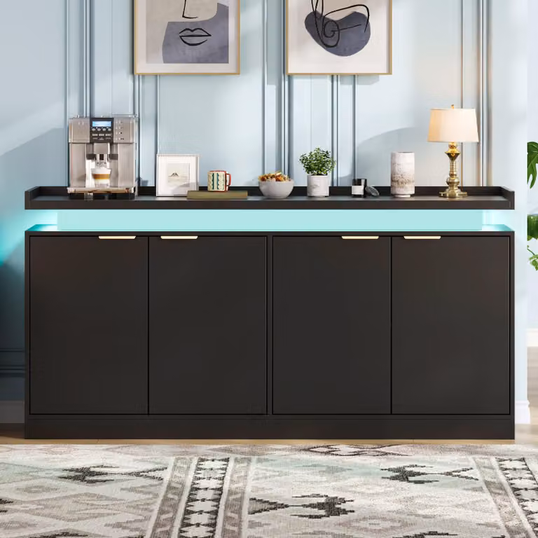 Mobile contenitore Flieks con 4 ante, illuminazione a LED e ampio spazio di stoccaggio, ideale per sala da pranzo e soggiorno. Armadietto da cucina, mobile autoportante 160x39x83 cm, colore nero