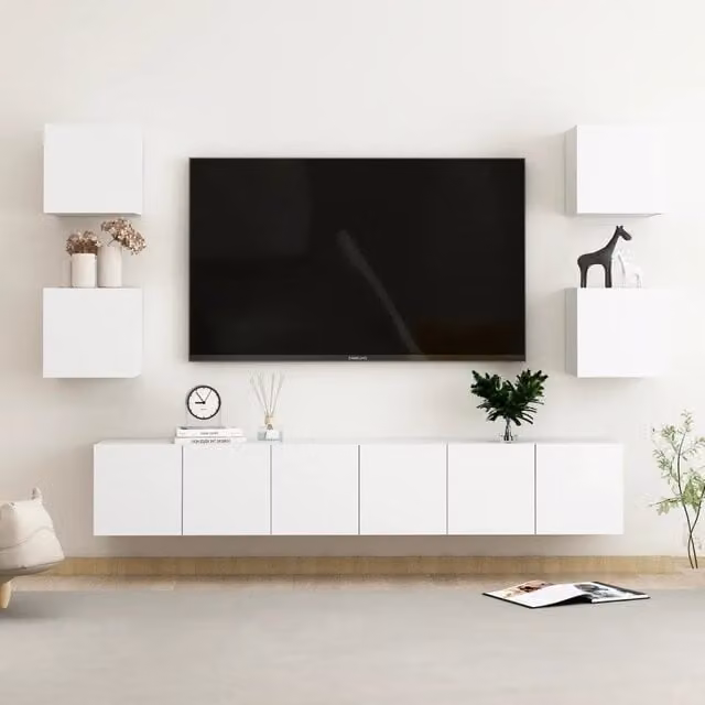 Set di mobili porta TV moderno vidaXL in legno bianco opaco, 7 pezzi da appendere alla parete – 1