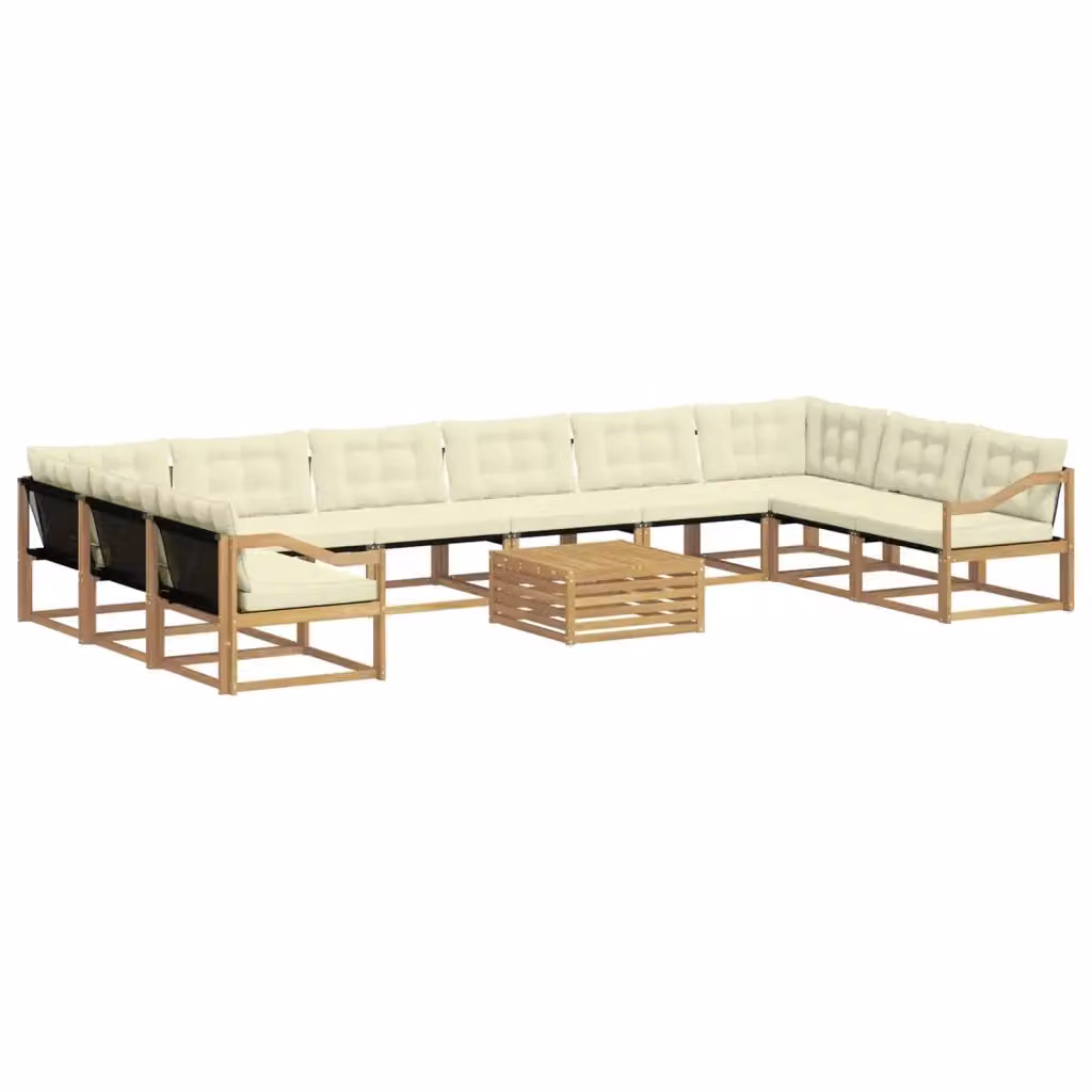 Set di divani da esterno a forma di U vidaXL in legno di acacia con tavolino e cuscini, Bianco e Beige – 2