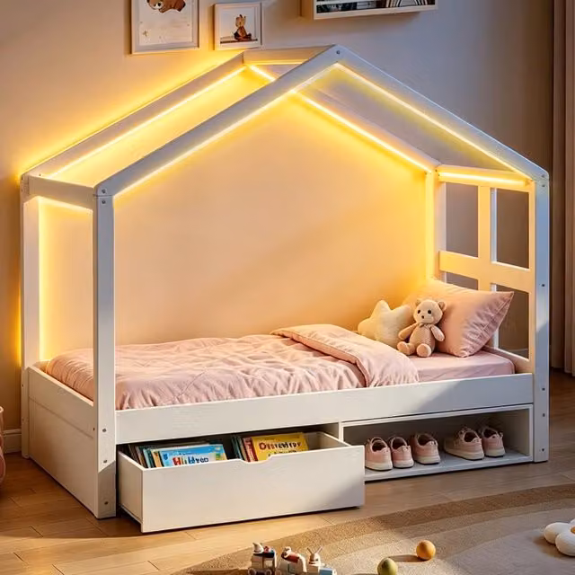 Letto in legno con cassetti, scarpiera e LED, 90x190 cm, bianco