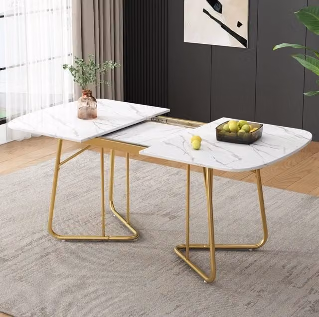 Tavolo da pranzo allungabile MODFU con piano rettangolare in MDF bianco lucido e gambe in metallo dorato