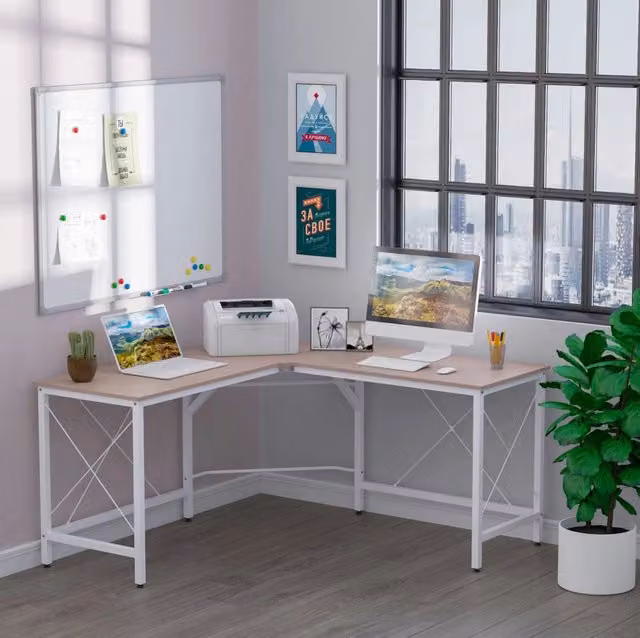 Scrivania angolare a L 150x150x76 cm con piano in MDF naturale per ufficio e studio