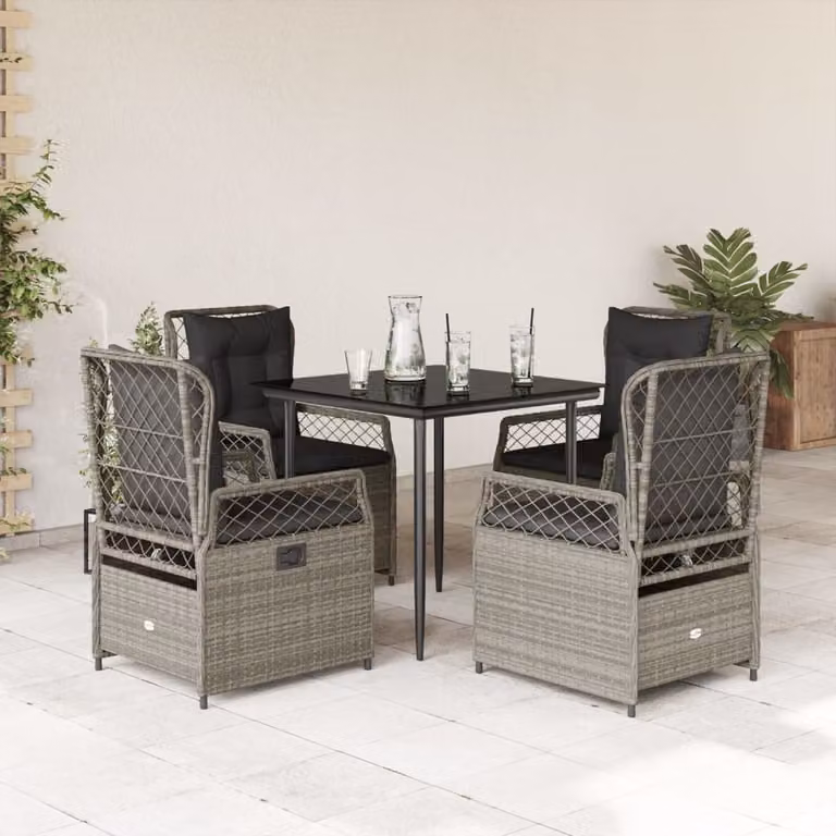 Set Pranzo da Giardino vidaXL in Polyrattan con Cuscini e Piano in Vetro, Grigio e Nero