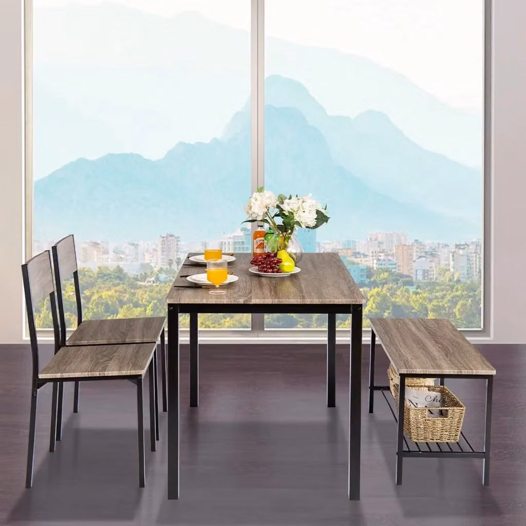 Set Tavolo da Pranzo e Sedie COSTWAY in Stile Industrial, Composto da Tavolo Rettangolare, 2 Sedie e 1 Panca, Colore Grigio – 2
