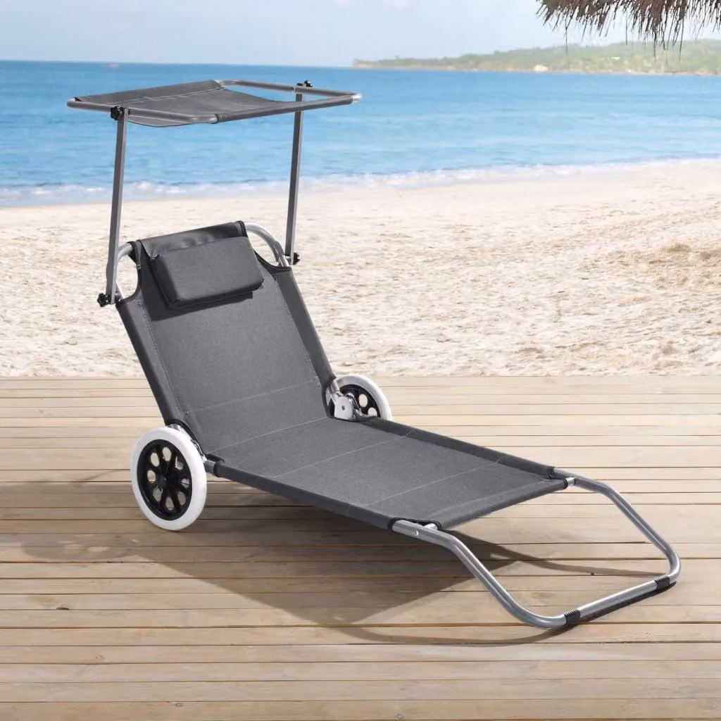 Set di 2 lettini prendisole Falun casa.pro pieghevoli con ruote e parasole in textilene grigio scuro – 2