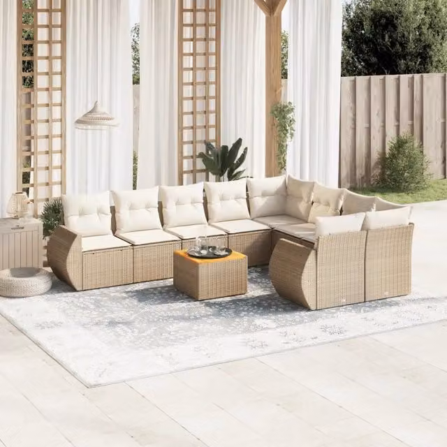 Set Divano da Giardino Moderno VIDAXL in Polyrattan a Forma di U con 10 Cuscini Beige