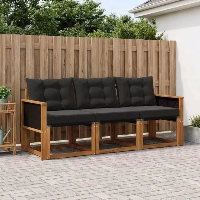 Set di divani da esterno 3 pezzi vidaXL in legno di acacia trattato, colore marrone e nero, con cuscini inclusi