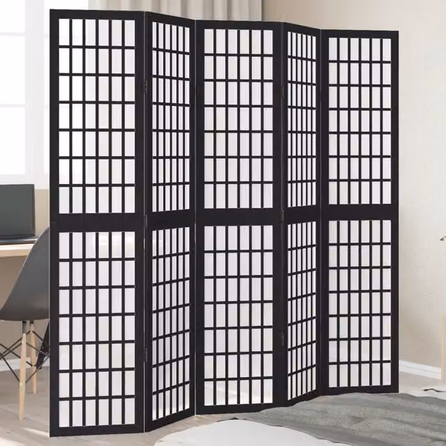 Divisorio Ambienti Paravento a 5 Pannelli in Legno Massello di Paulownia Nero Design Geometrico H: 180 cm x L: 180 cm