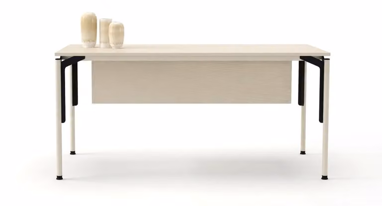 Scrivania da ufficio moderna, bianca, in legno, con struttura in metallo, ideale per lo studio