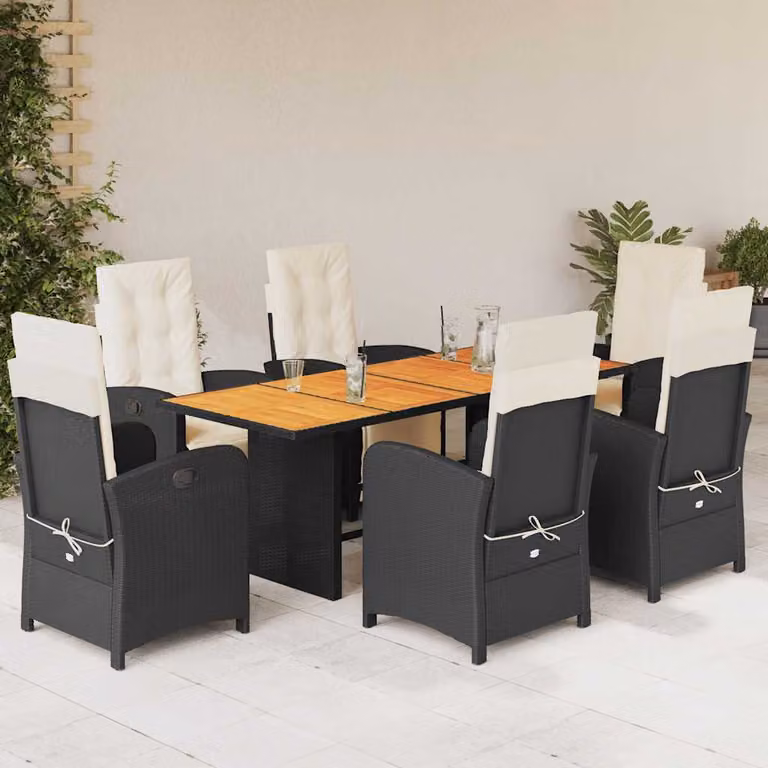 vidaXL Set da Pranzo da Giardino 7 pz in Polyrattan Nero con Cuscini e Piano in Legno di Acacia