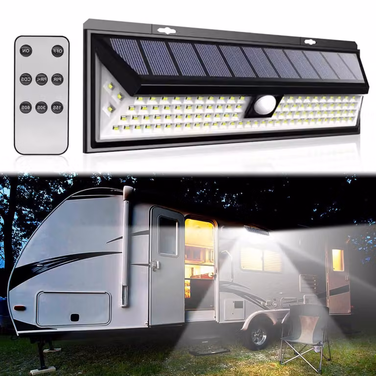 Illuminazione a LED per camper alimentata a energia solare, con 118 LED, sensore di movimento, impermeabile, colore nero