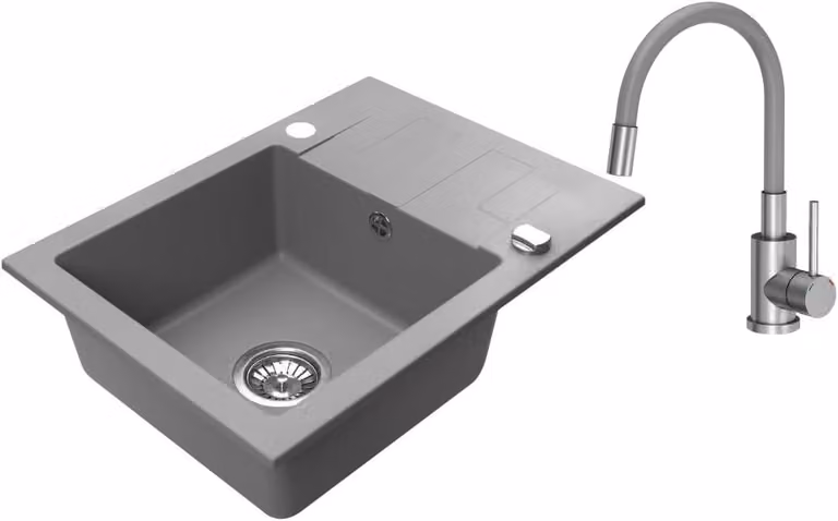 VBChome Lavello in granito 59 x 44 cm Grigio con rubinetto flessibile Lavello da incasso a vasca singola Reversibile Speckled Lavello di facile manutenzione con sifone