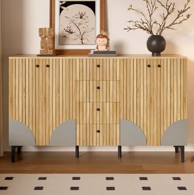 Mobile contenitore minimalista in legno marrone con 4 ante e 4 cassetti L: 160 cm, P: 36 cm, H: 94 cm