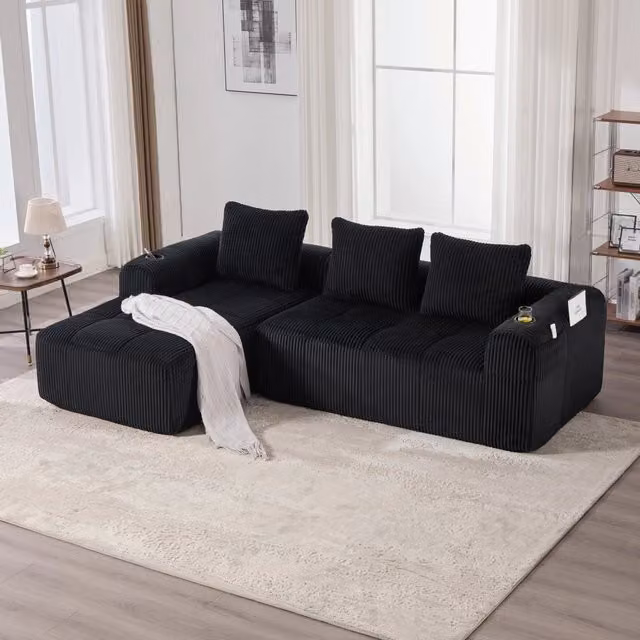 Divano Compatto in Tessuto a Coste con Cuscini ¨C MINIMAL ¨C Nero, Modulare, Portabicchieri