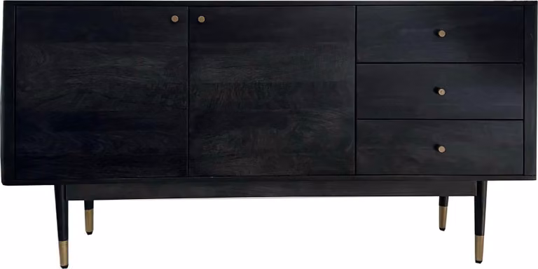 WOHNLING Credenza 160x81x42 cm in legno massiccio d'acacia Cassettiera alta nera Cassettiera moderna con 2 ante e 3 cassetti Credenza