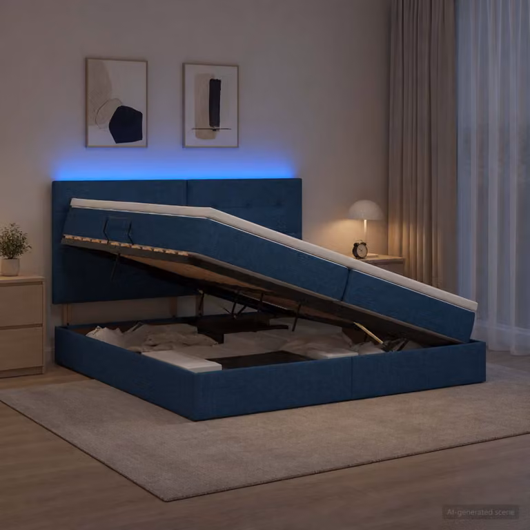 Letto con contenitore vidaXL in tessuto blu con illuminazione LED e porta USB, L/P/H: 200 x 200 x 140 cm