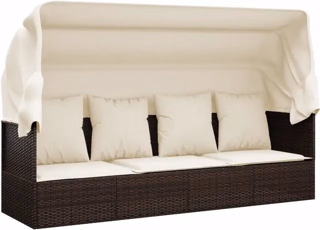 Lettino Prendisole | Sdraio da giardino | Lettino da sole Esterno Tetto e Cuscini Marrone Polyrattan
