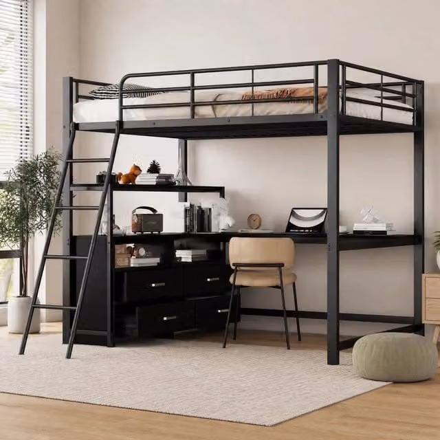 Letto a soppalco singolo moderno nero con scrivania e cassetti L/P: 140 x 200 cm