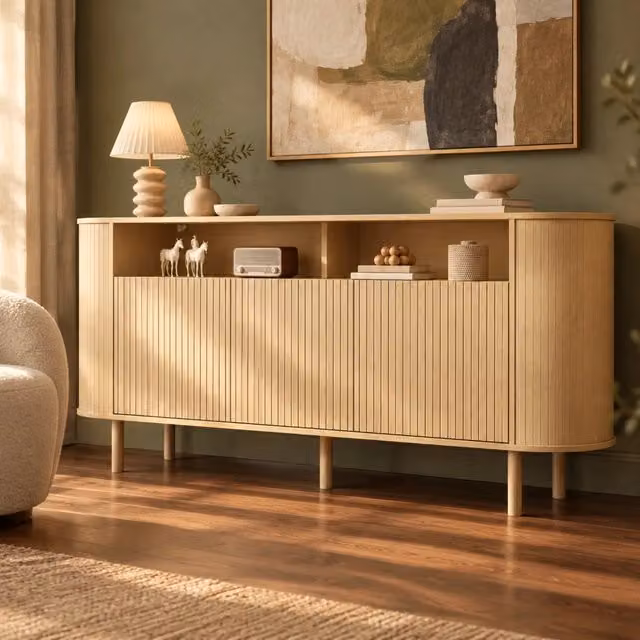 Sideboard 160×40×78,5 cm con 3 ante ondulate e ripiani aperti, gambe in legno massiccio, struttura in pannelli truciolari, colore legno naturale