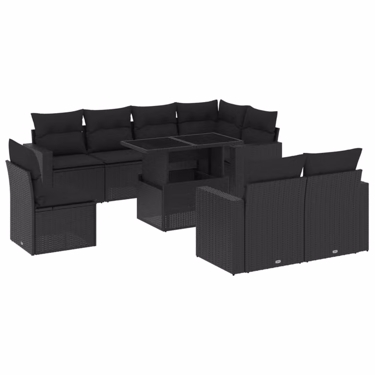 Set Divani da Giardino 9 pz con Cuscini Nero in Polyrattan