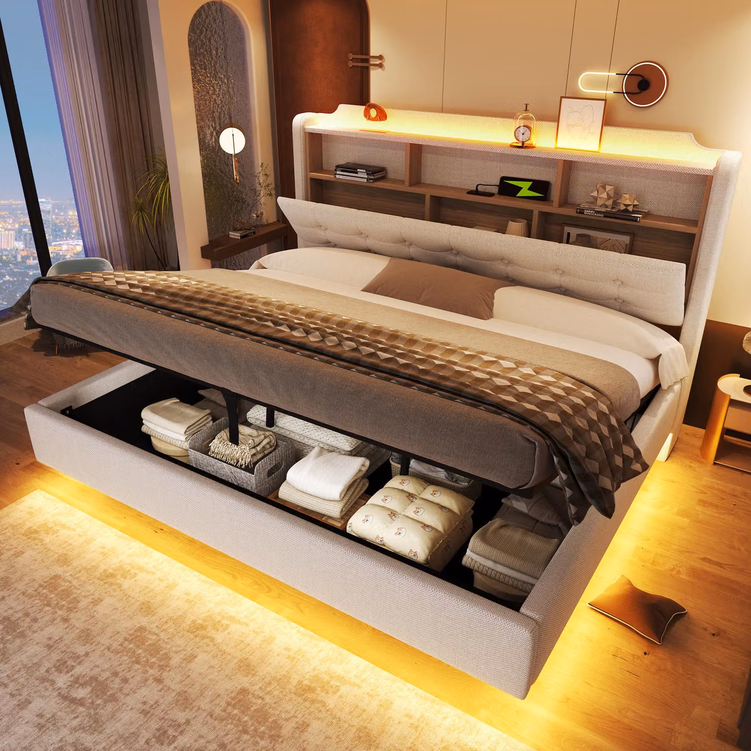 Letto imbottito 140x200 cm, color grigio, con testiera contenitore e illuminazione LED, struttura del letto con rete a doghe, letto senza materasso, ideale per la camera da letto