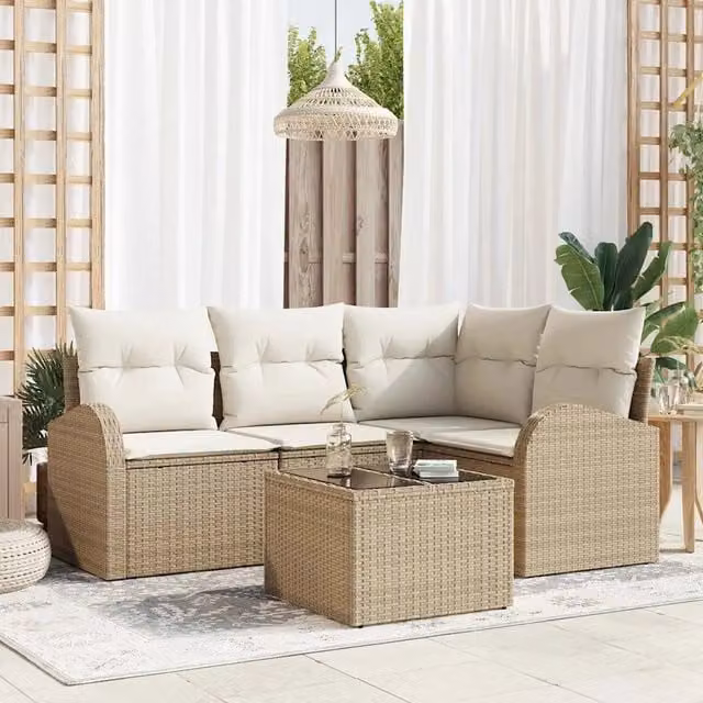 Set Divano da Giardino a L con Tavolino vidaXL, Colore Beige, Struttura in Metallo e Polyrattan con Cuscini Inclusi