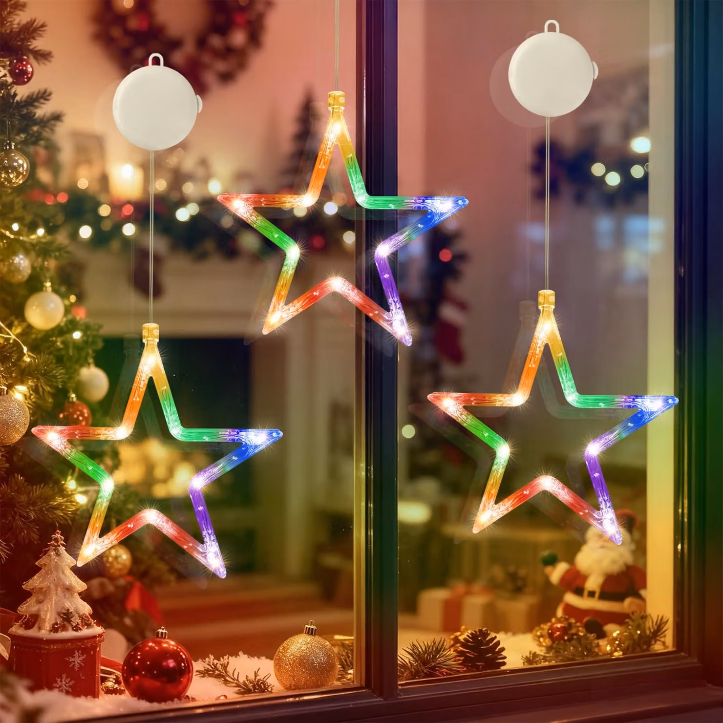 Tenda luminosa a LED, confezione da 3 pezzi, 10 LED per tenda, con timer, alimentata a batteria, multicolore