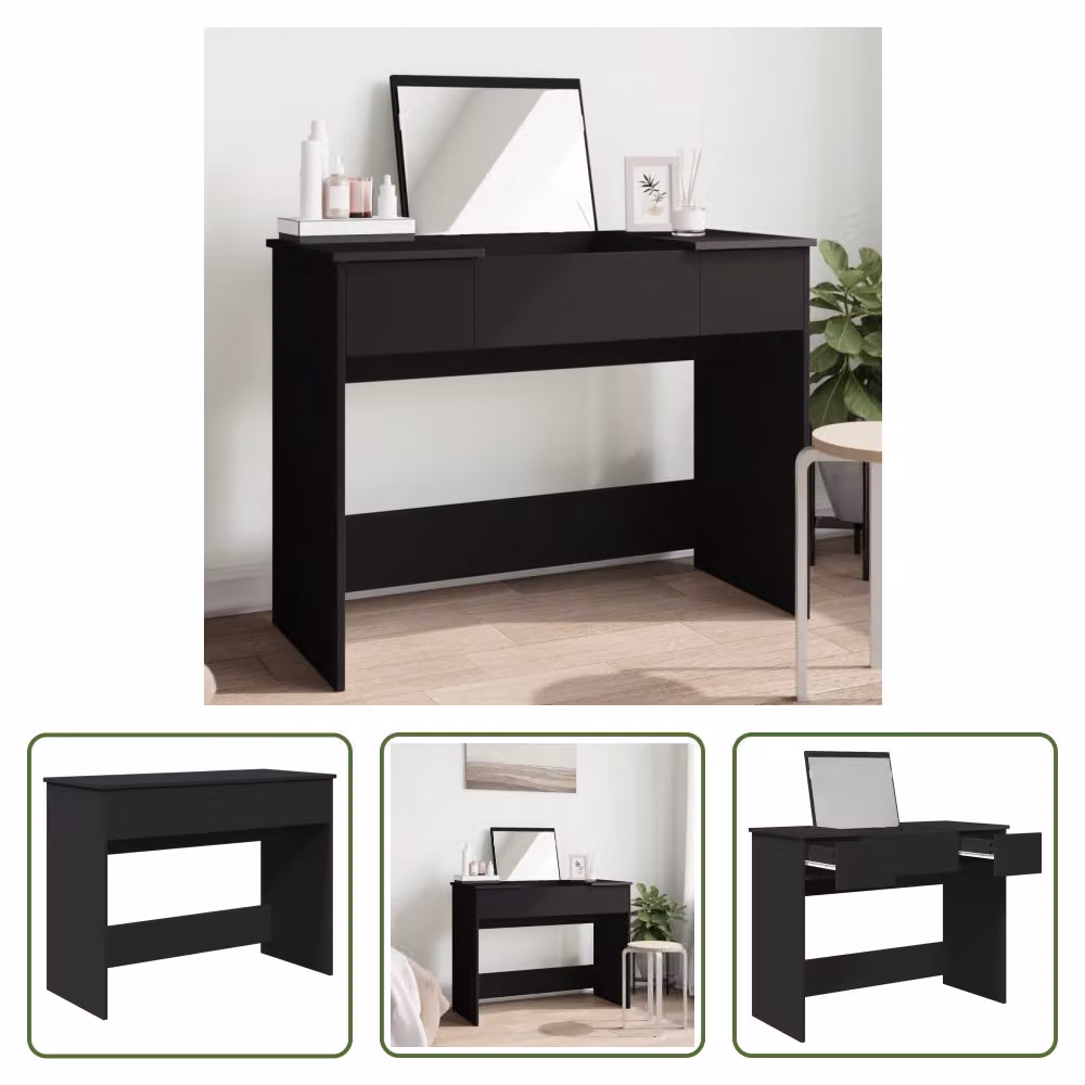 The Living Store Comodino con specchio nero 100x45x76 cm