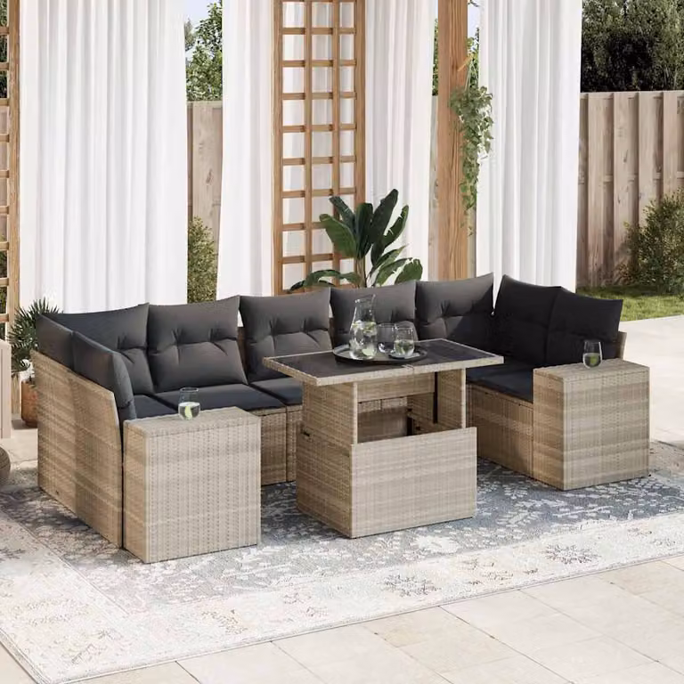 Set Divano da Giardino a L vidaXL 8pz con Tavolino in Vetro e Cuscini Grigio Matt