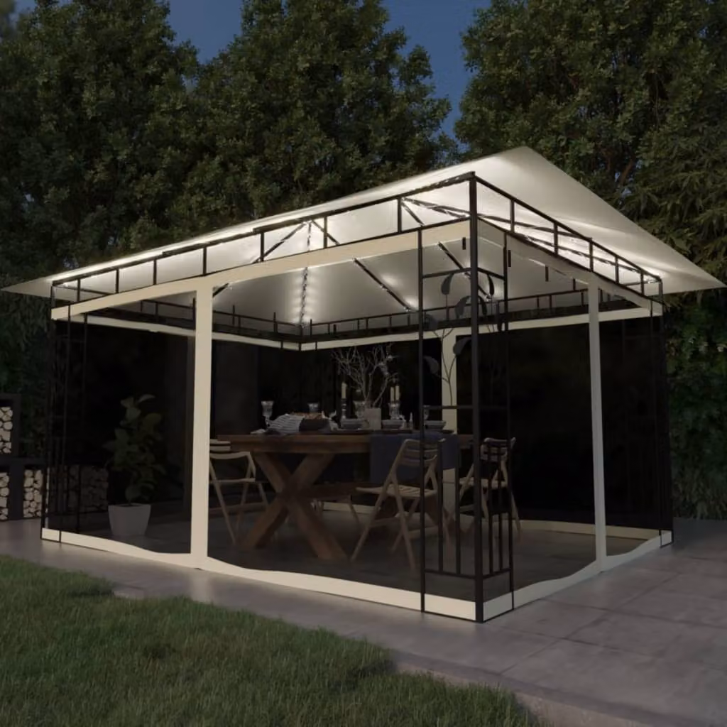 Gazebo The Living Store con zanzariera e luci LED 4x3x2,73m bianco crema