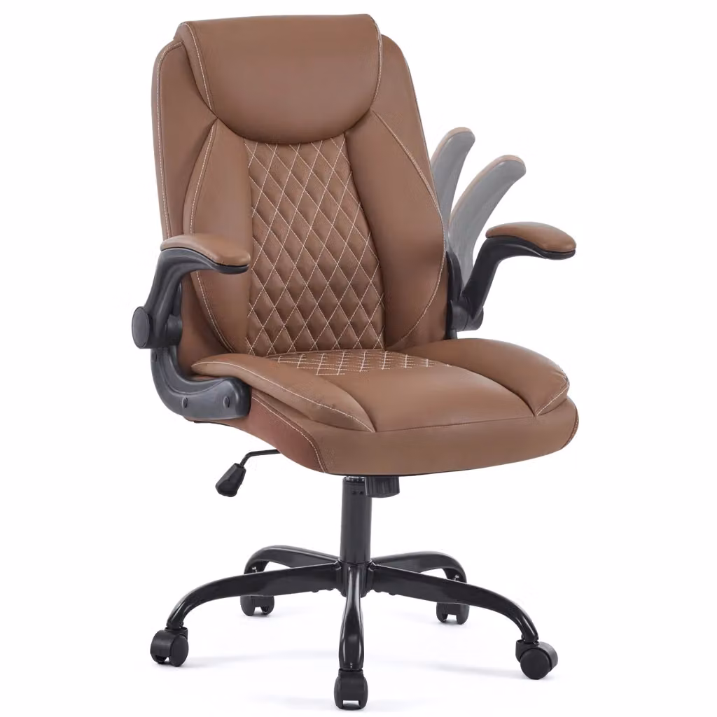 Poltrona da ufficio ergonomica in pelle sintetica marrone con base in metallo, rotazione a 360 gradi e braccioli con ruote – 2