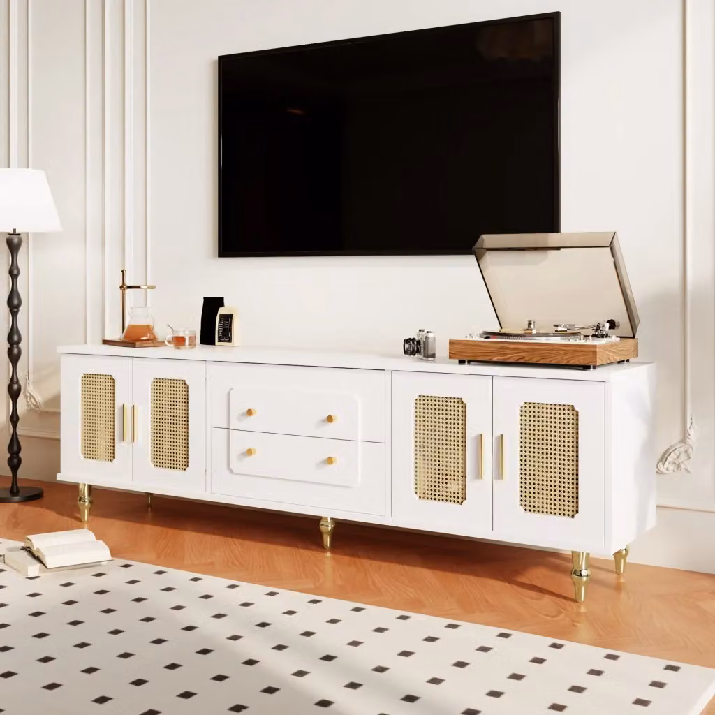 Mobile TV Zephmum stile retrò bianco con ante in rattan, maniglie dorate e gambe in metallo L: 175,0 cm, P: 38,0 cm, H: 55,5 cm – 2