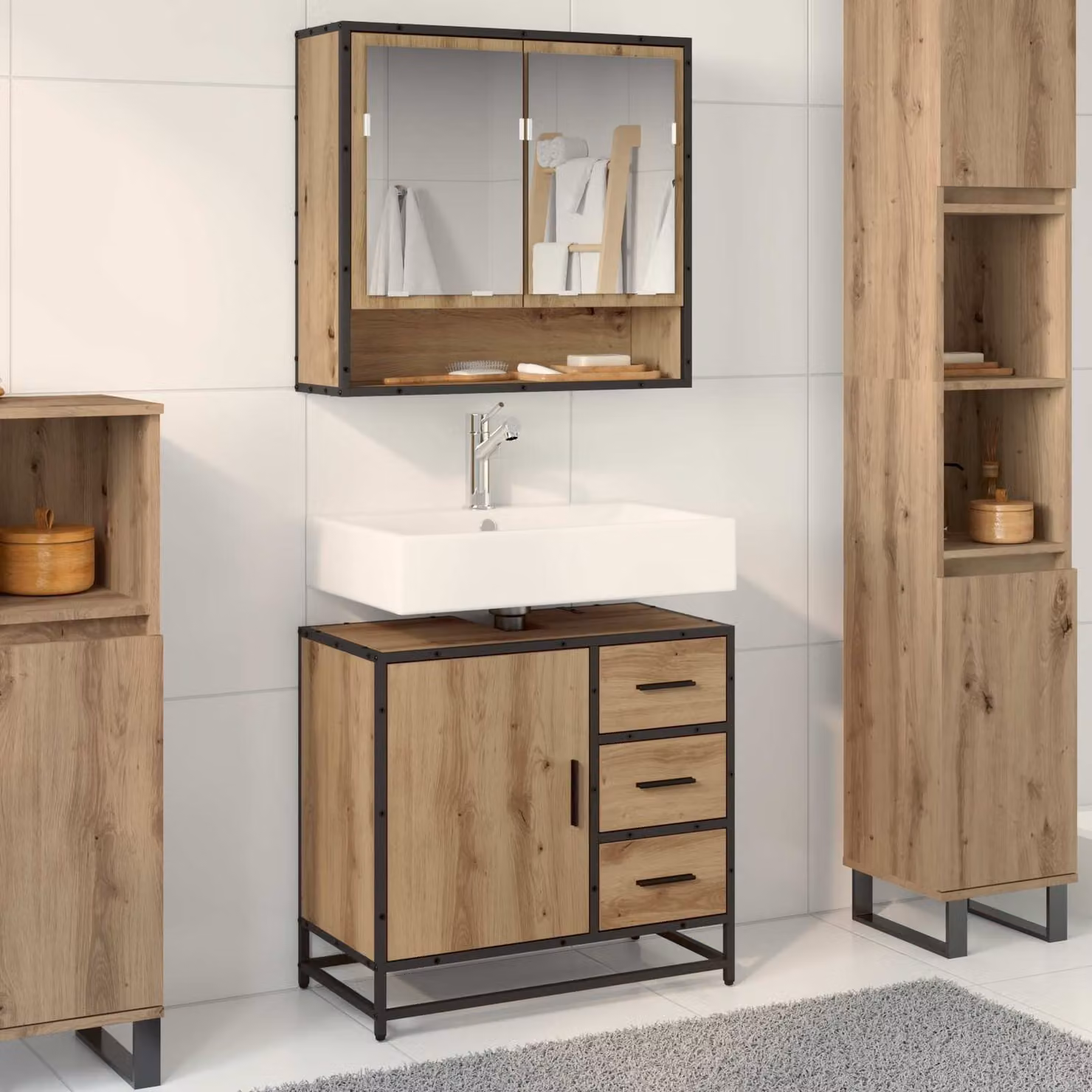 Mobile da bagno moderno vidaXL in legno marrone con ante e cassetti L: 65 cm, P: 33 cm, H: 60 cm