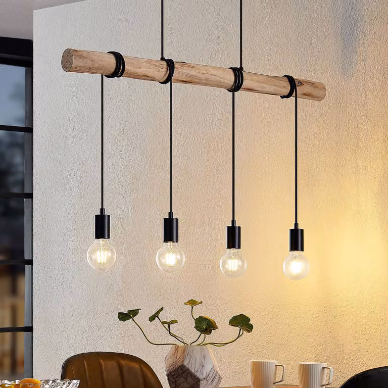 Lampada a sospensione Ferris Lindby, dimmerabile, Legno chiaro, Soggiorno / Sala da pranzo, Metallo, Vintage, Lampada a sospensione