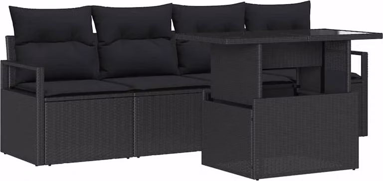 Set Divano da Giardino con cuscino 5 pcs Nero Poly Rattan