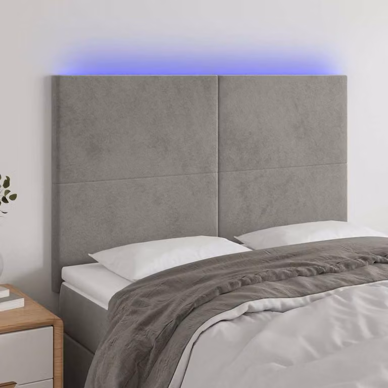 Testiera con LED e porta USB vidaXL in velluto grigio, L: 144 cm, P: 5 cm, H: 118/128 cm