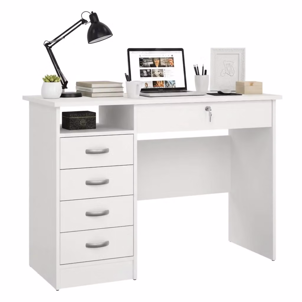 Scrivania Amor DMORA con 3 cassetti bianca moderna L: 109.3 cm, P: 48.5 cm, H: 75.6 cm – 2