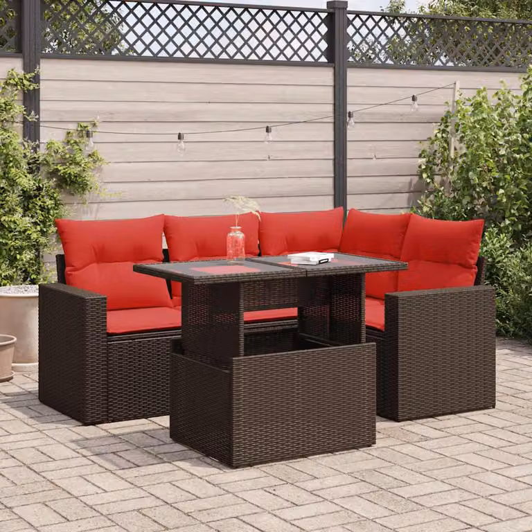 Set Divano da Giardino vidaXL 5 pz a Forma a L con Tavolino in Vetro e Cuscini Marroni in Polyrattan e Legno di Acacia