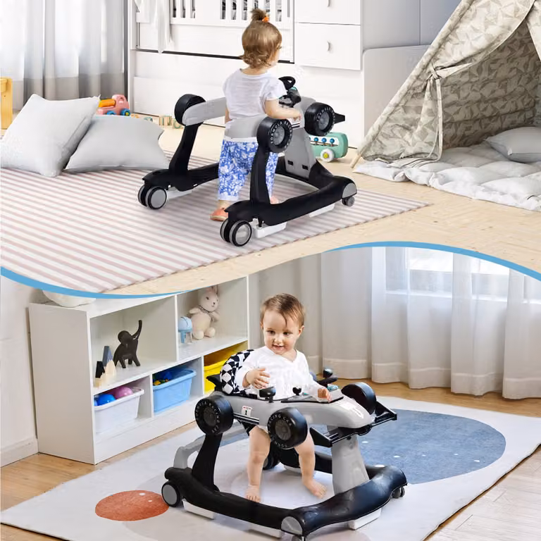 Costway Primi passi 4 in 1 per neonati con altezza e velocità regolabili, deambulatore a spinta con carillon e luci, Grigio