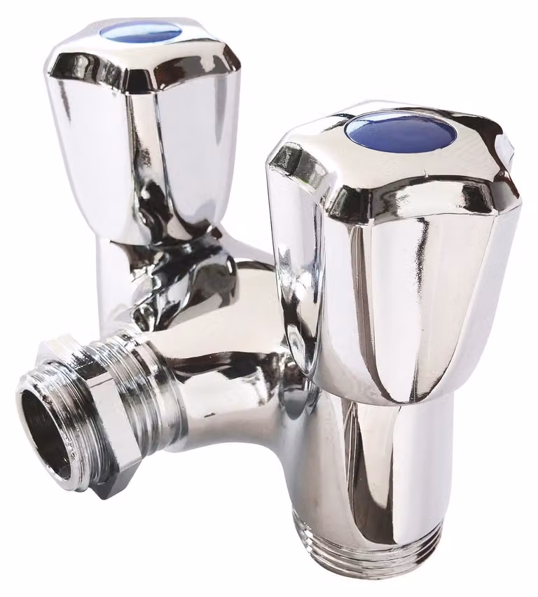 Rubinetto a due uscite, attacco da 1/2", uscita da 3/4", in ottone cromato